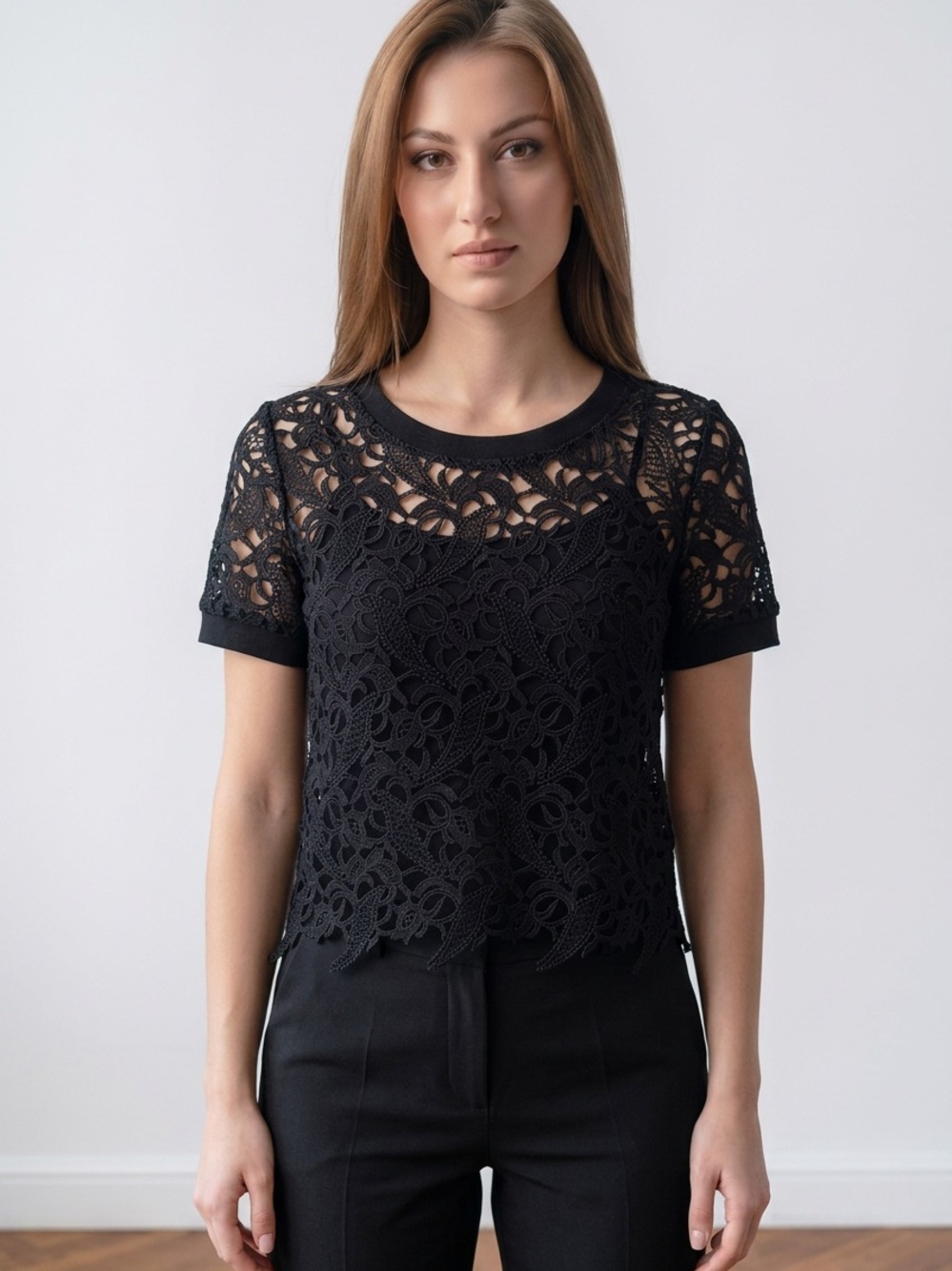 BLVD Black Lace Short-Sleeve Crochet Top